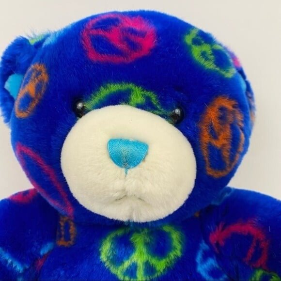 Build a Bear Teddy Bear Peace Signs Sitting Plush Stuffed Animal Blue Green Toy - Picture 2 of 9